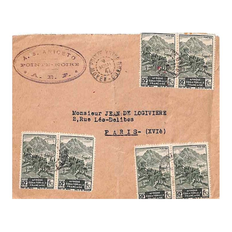 1947 Lettre 9 f. par AEF 216 (x6) de POINTE - NOIRE MOYEN-CONGO