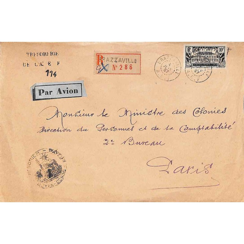 1937 Lettre Affranchissement 10 f Oblitération BRAZZAVILLE A.E.F.