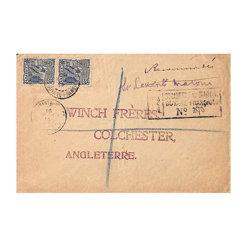 1914 Lettre recommandée pour la Grande-Bretagne de St LAURENT DU MARONI