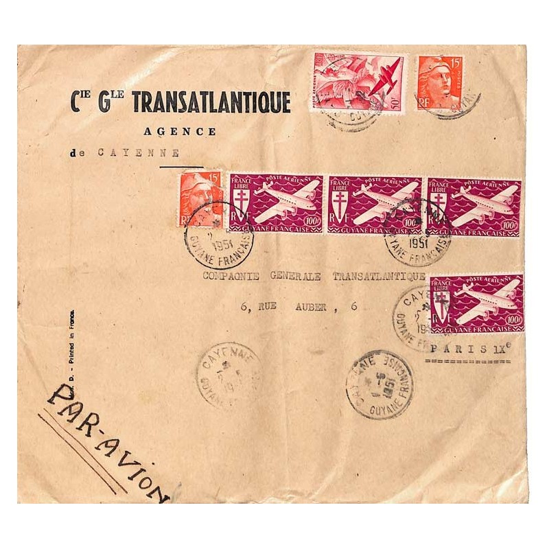 1951 Grande lettre par avion 1951 Affranchissement à 480 f de CAYENNE  GUYANE-FRANCAISE