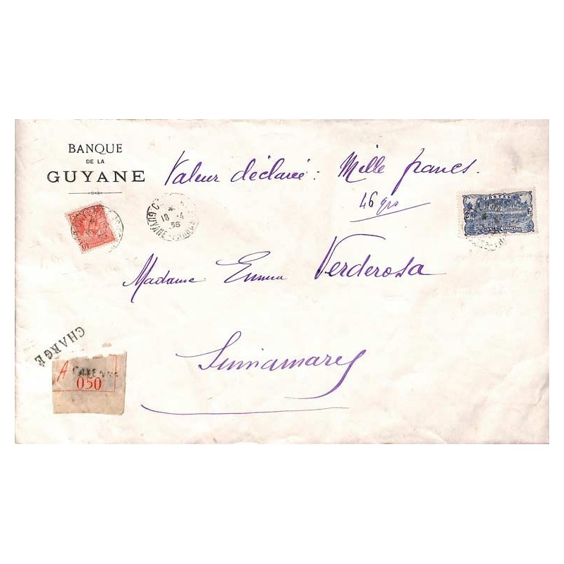 1935 Grande lettre chargée Affranchissement  à 2 f 40 de CAYENNE