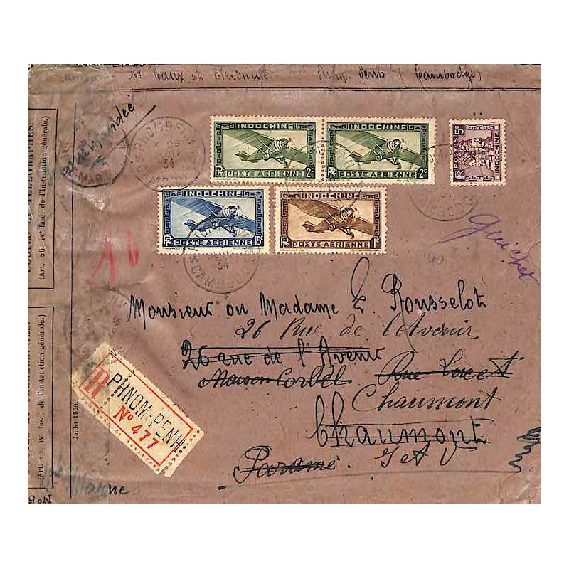 1934 Lettre 25 c recommandée Oblitération PHNOMPENH * CAMBODGE *