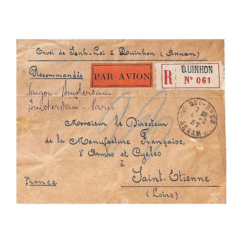 1931 Lettre pour la France par KLM de QUI-NHON COCHINCHINE