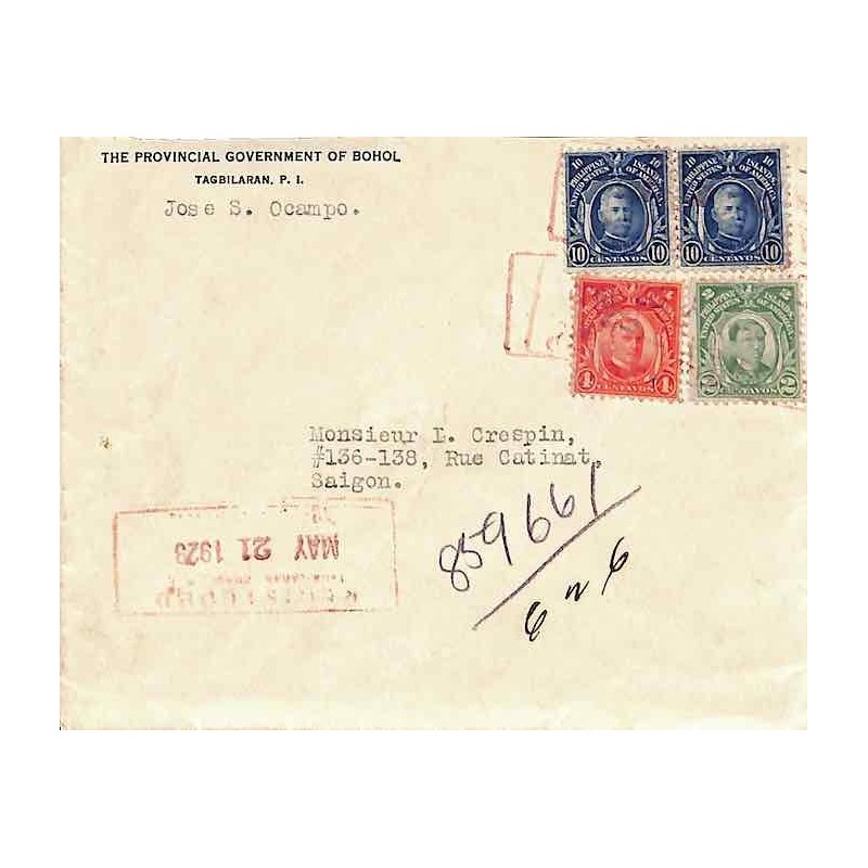 Enveloppe de Tagbilaran Philippines pour Saigon 1921