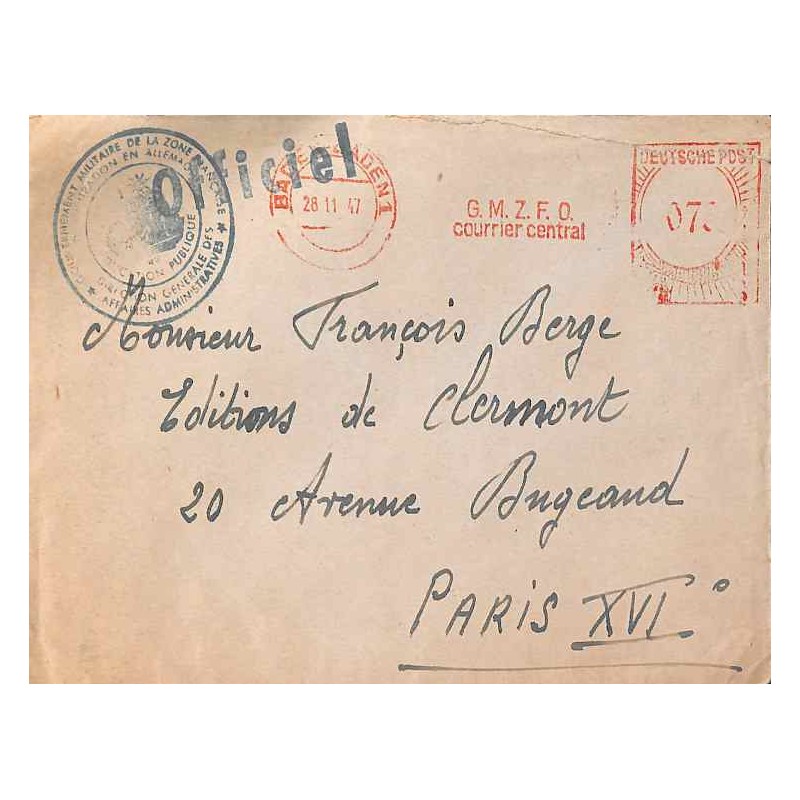 Lettre 1947 Affranchissement mécanique BADEN BADEN G.M.Z.F.O Courrier central