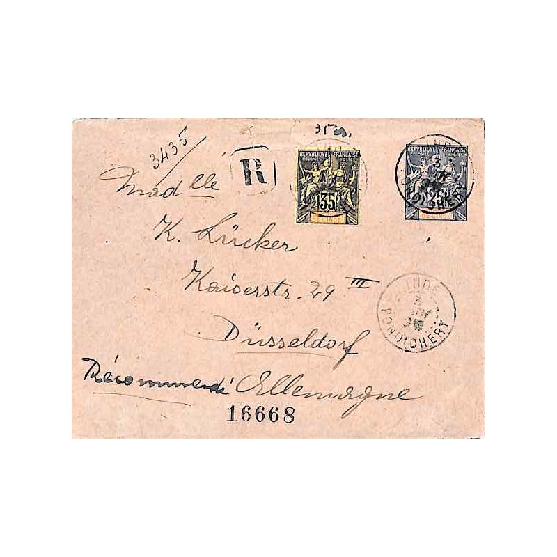 1911 Enveloppe entier 25c groupe Oblitération INDE PONDICHERY