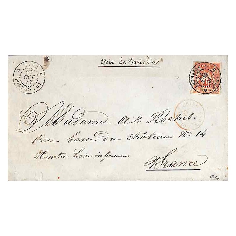 1877 Enveloppe 40 c. Sage INDE * PONDICHERY *