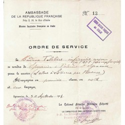 1918 Ordre de service  Cachet MISSION MILITAIRE FRANCAISE en ITALIE