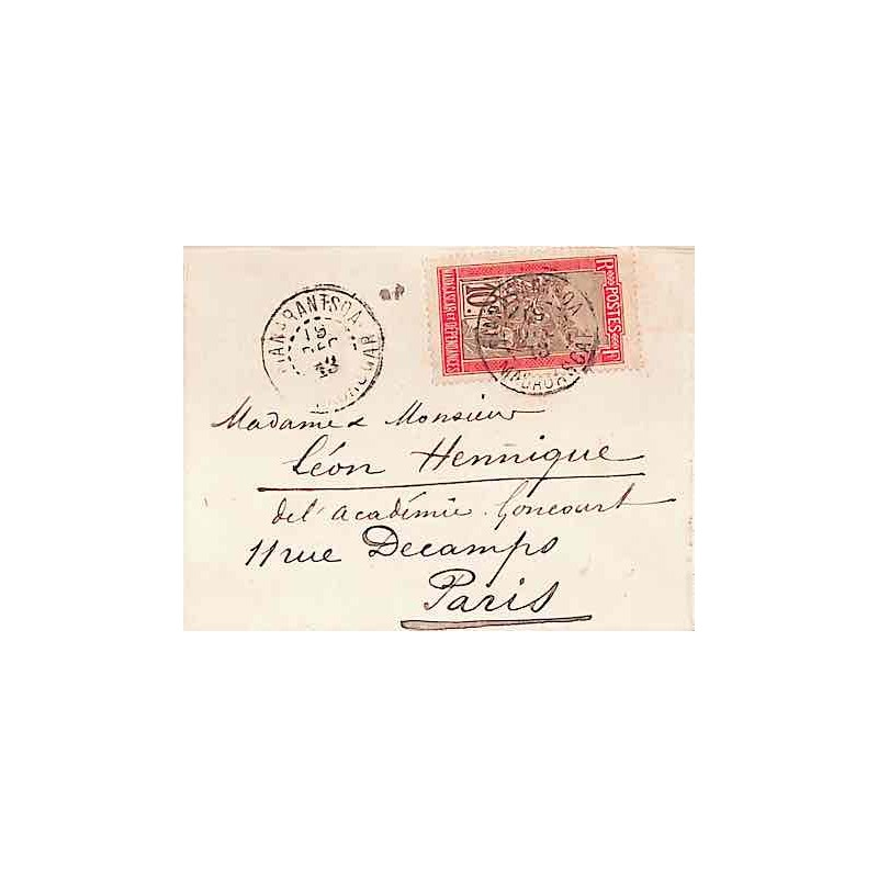 1913 Petite enveloppe pour carte de visite à 10 c  FIANARATSOA MADAGASCAR