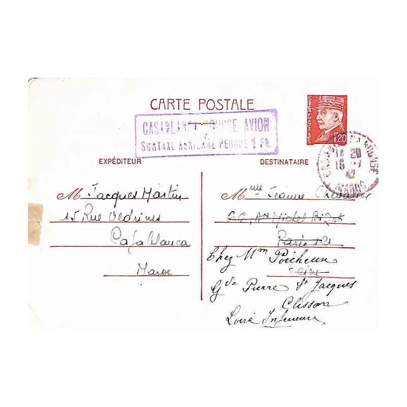 1942 CASABLANCA BOURSE AVION SURTAXE AERIENNE PERCUE 1 FR.