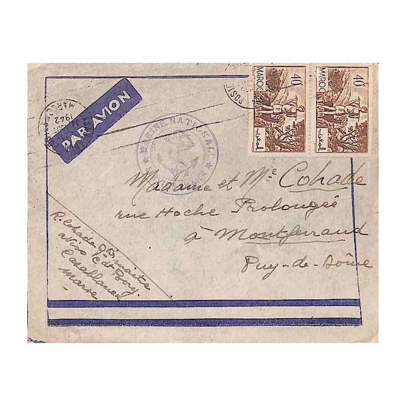 1942 Cachet MARINE NATIONALE * SERVICE à la MER * ancre Oblitération mécanique CASABLANCA POSTES MAROC