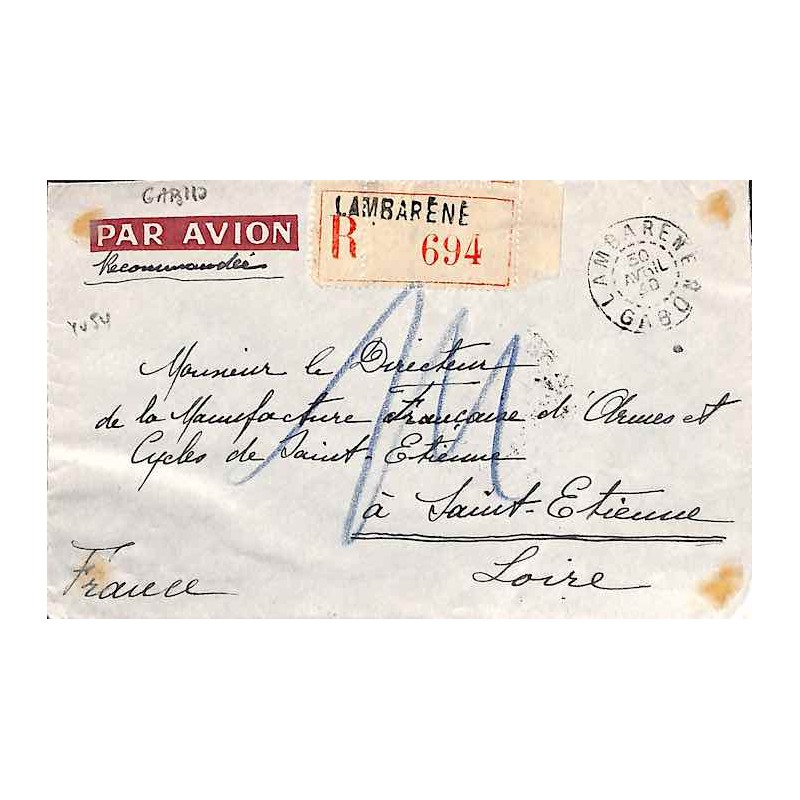 1940 lettre LAMBARENE GABON Cachet CONTRÔLE POSTAL *