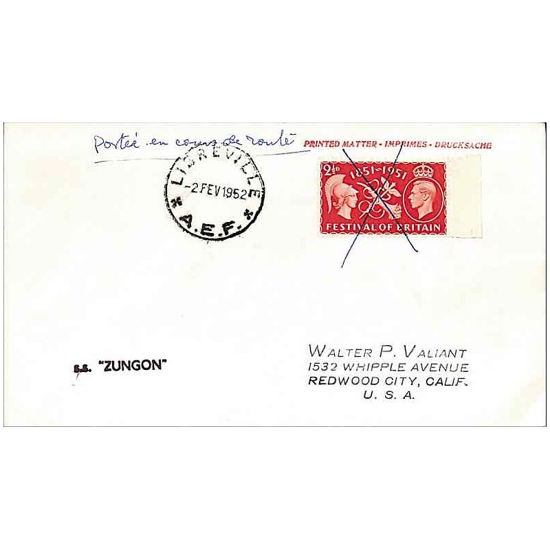 1952 Enveloppe pour les USA griffe  S.S. “ZUNGON”