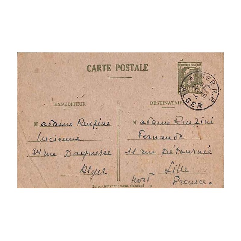 1946 Entier carte postale 1 f 20 Marianne carton brun-rose