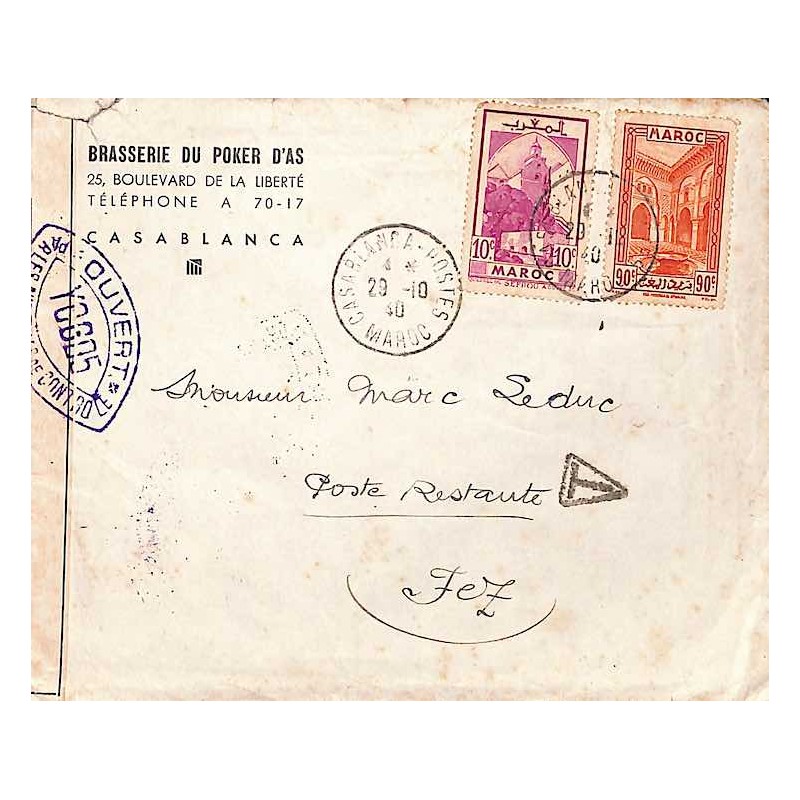 1940 CASABLANCA-POSTES MAROC Bande et cachet OUVERT * PAR LES AUTORITES DE CONTROLE Y0605