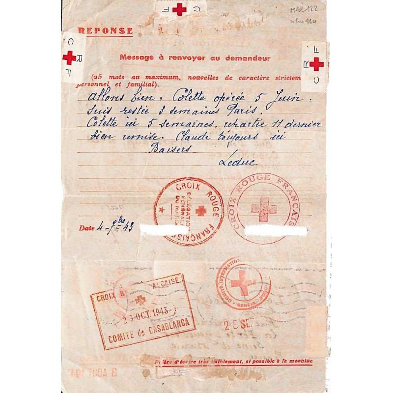 1943 Formule de la Croix-Rouge censuré