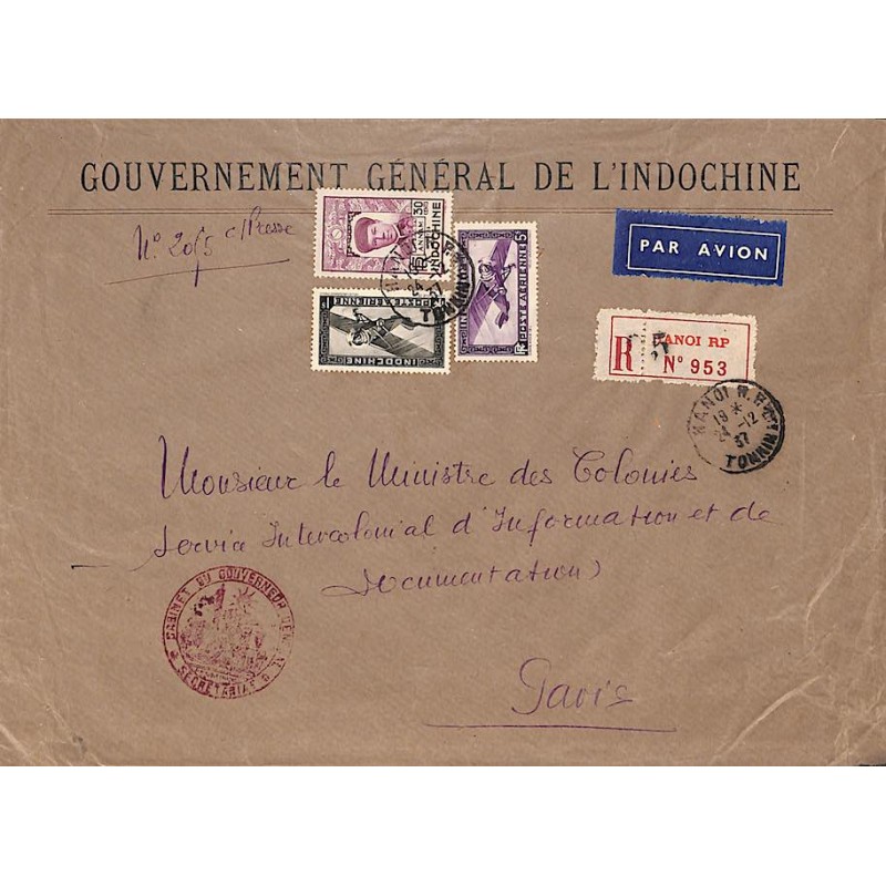 1937 Affranchissement à 6 $ 30 Timbre à date HANOI R.P. TONKIN