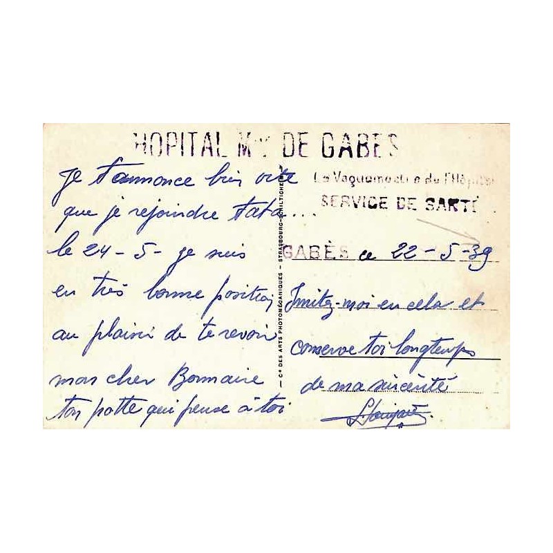 1939  HOPITAL Mre DE GABES et Le Vaguemestre de l'Hôpital SERVICE DE SANTE
