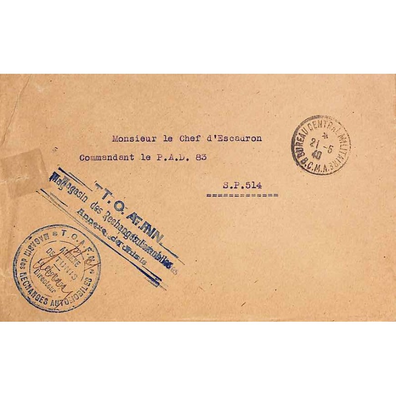 1940  T.OA.F.N. * MAGASIN des ECHANGES AUTOMOBILES * ANNEXE DE TUNIS Le Capitaine Directeur