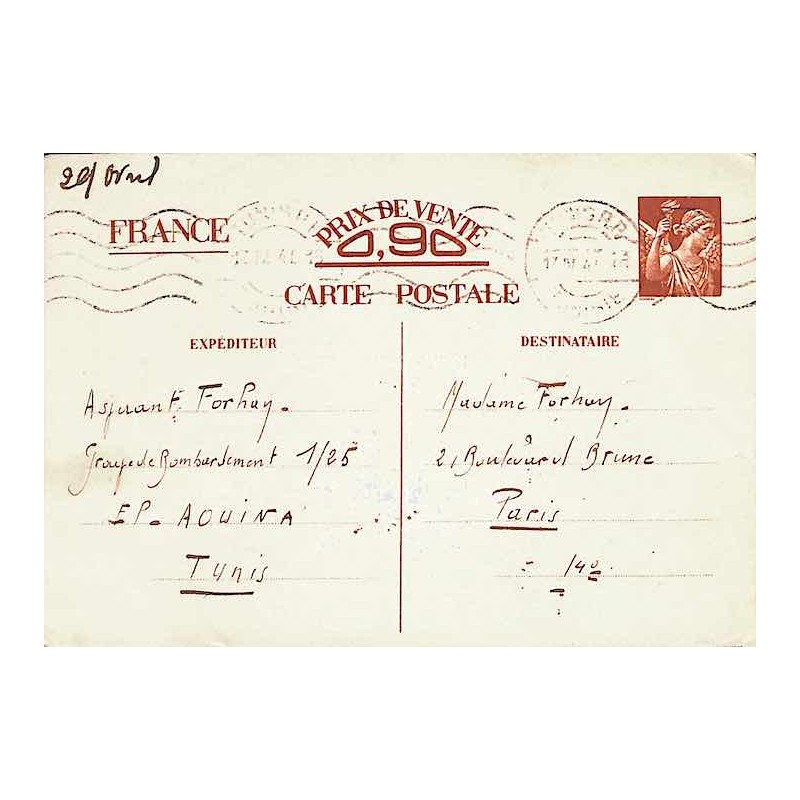 1941  Carte postale interzones 90 c. Iris carton chamois