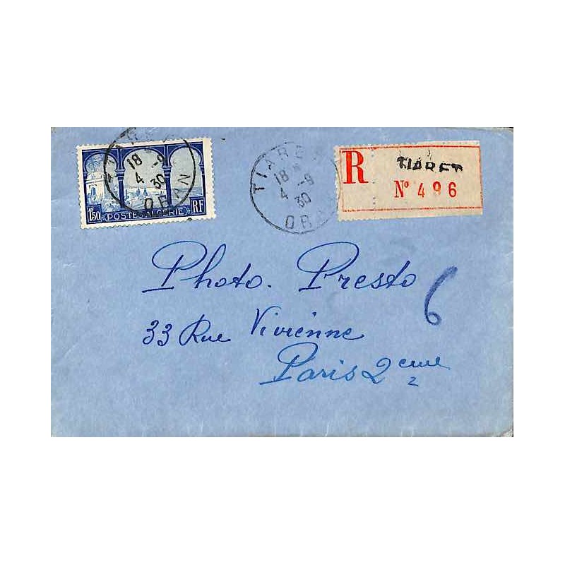 1930 Lettre recommandée à 1 F Oblitération TIARET ORAN