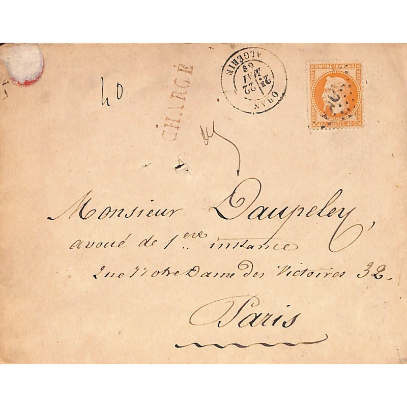 1869 lettre chargée Affranchie 40  c Empire lauré ORAN ALGERIE
