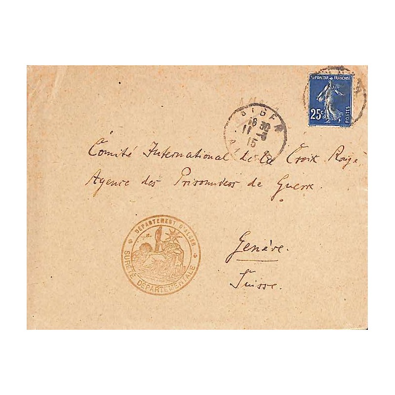 1915 Cachet DEPARTEMENT D'ALGER * SURETE DEPARTEMENTALE *  Déesse