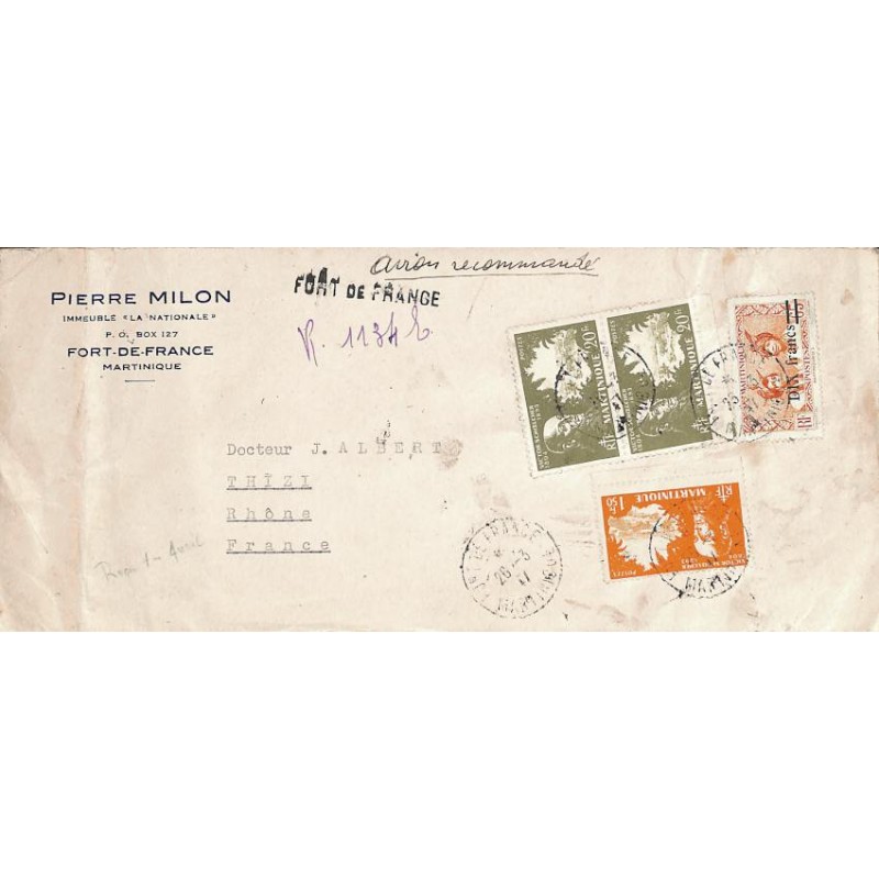 1947 lettre  à 51 f 50 Oblitération FORT DE FRANCE MARTINIQUE