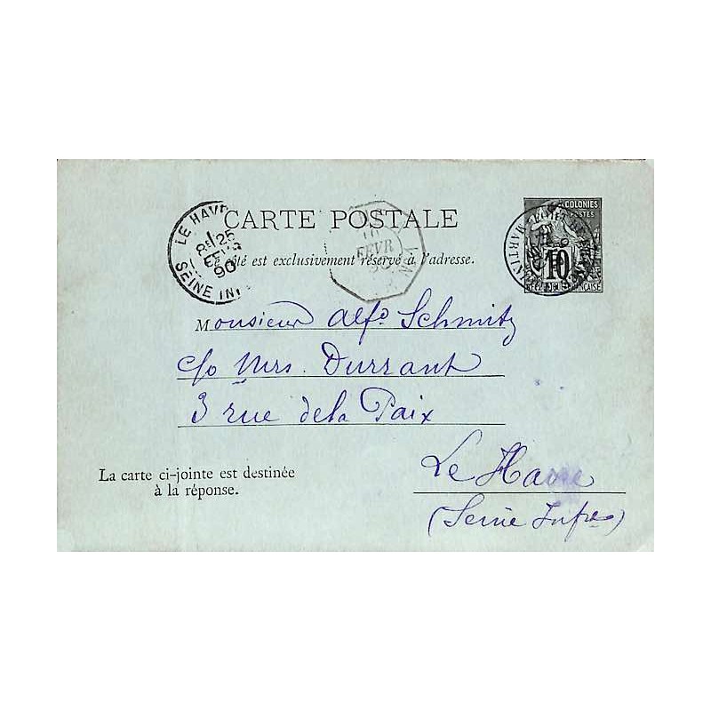 1890 Entier carte postale des colonies générales avec réponse