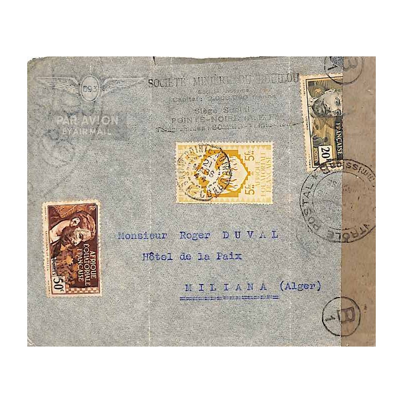 1944 Lettre à 25 f. 50 pour l’Algérie de POINTE-NOIRE MOYEN-CONGO