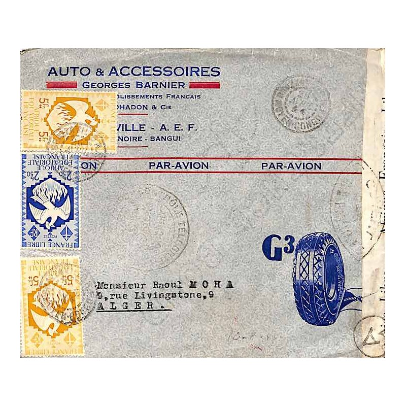 1944 Lettre Bande censure spéciale de la France Libre et cachet CONTRÔLE TELEGRAPHIQUE * COMMISSION A *