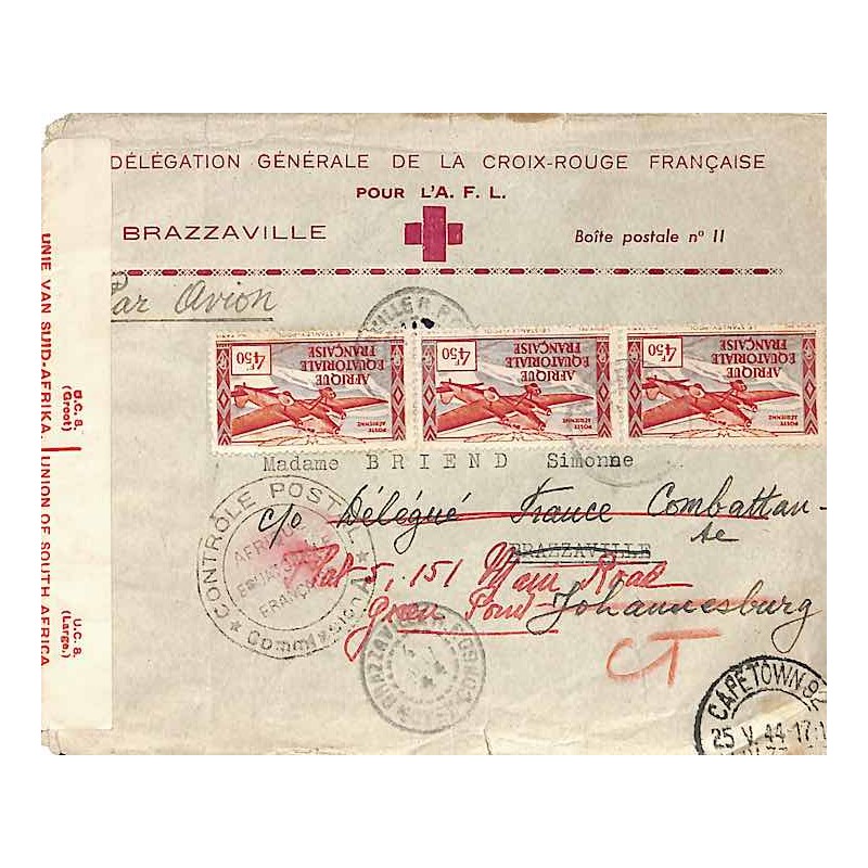 1944 lettre pour le délégué de la France Combattante en Afrique du Sud BRAZZAVILLE R.P. MOYEN-CONGO