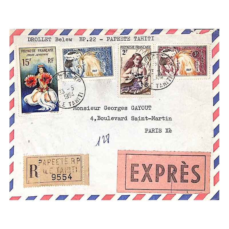 1954 Lettre Exprès pour la France Oblitération PAPEETE R.P.  ILE TAHITI