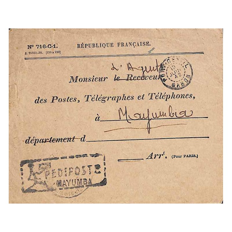 1942 PEDIPOSTE  MAYUMBA en arrivée d'une enveloppe de PORT - GENTIL GABON