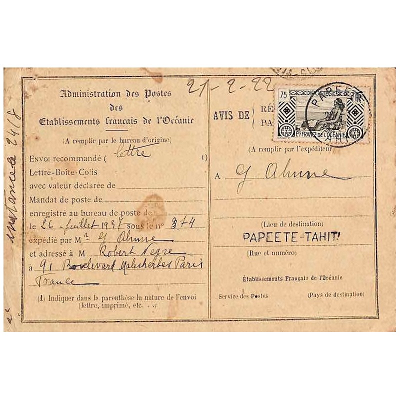 PAPEETE TAHITI Formulaire local avis de réception 1937