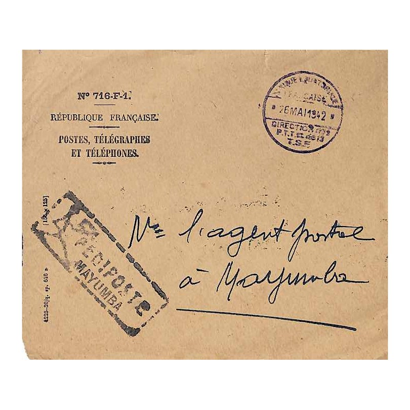 1942 PEDIPOSTE MAYUMBA en arrivée d'une enveloppe de BRAZZAVILLE