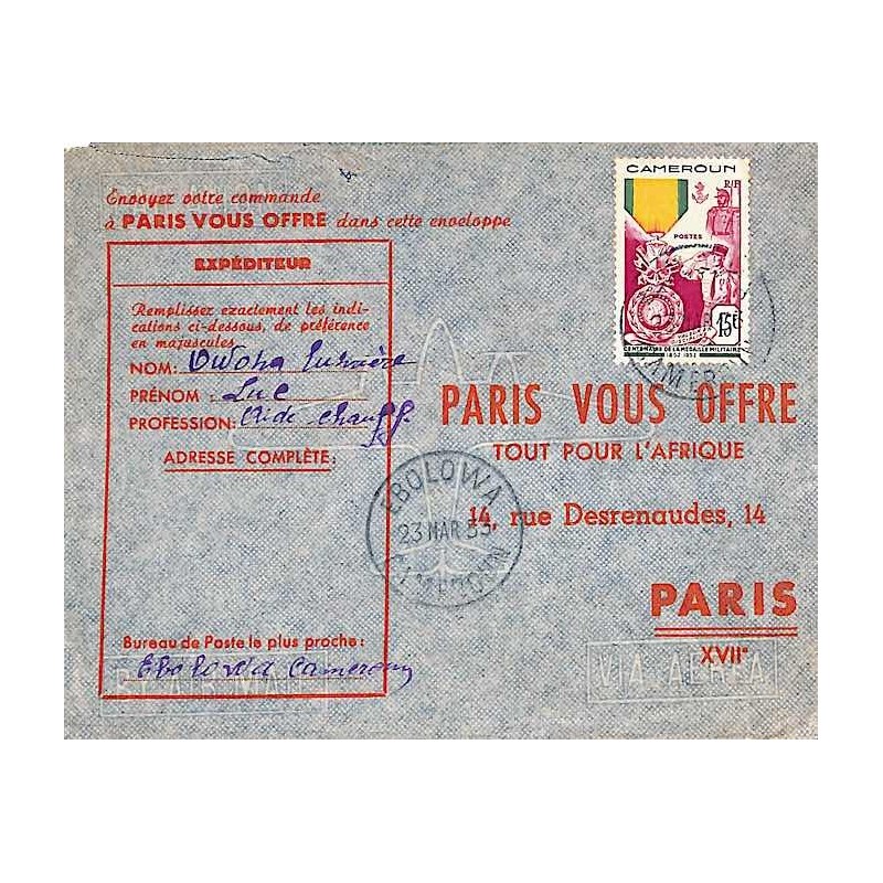 1953 Lettre 15 F. avec timbre 296 seul EBOLOWA CAMEROUN