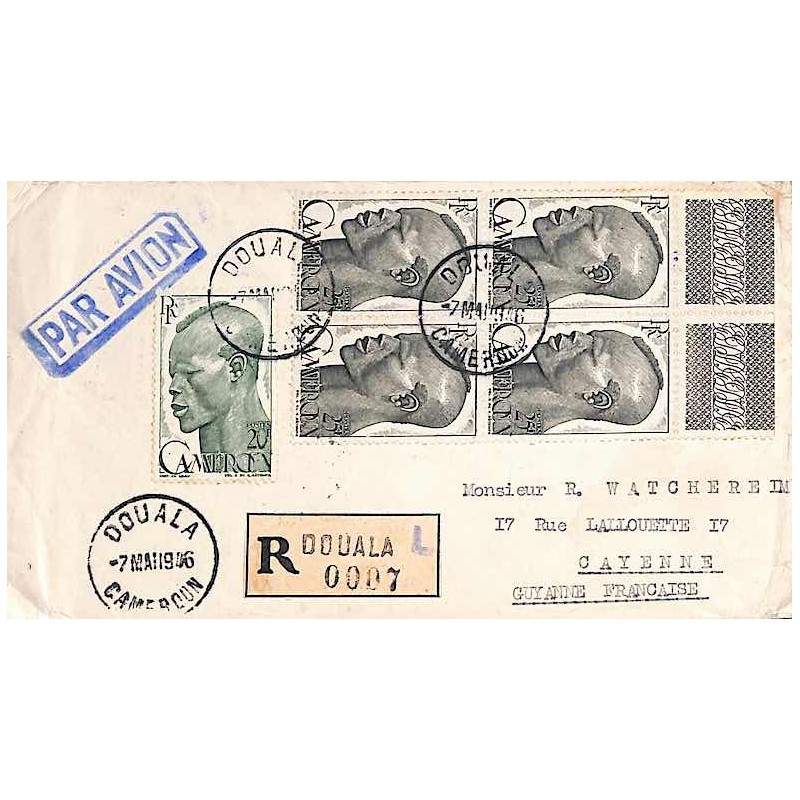 1946 Lettre avion pour la Guyane 120 F DOUALA CAMEROUN