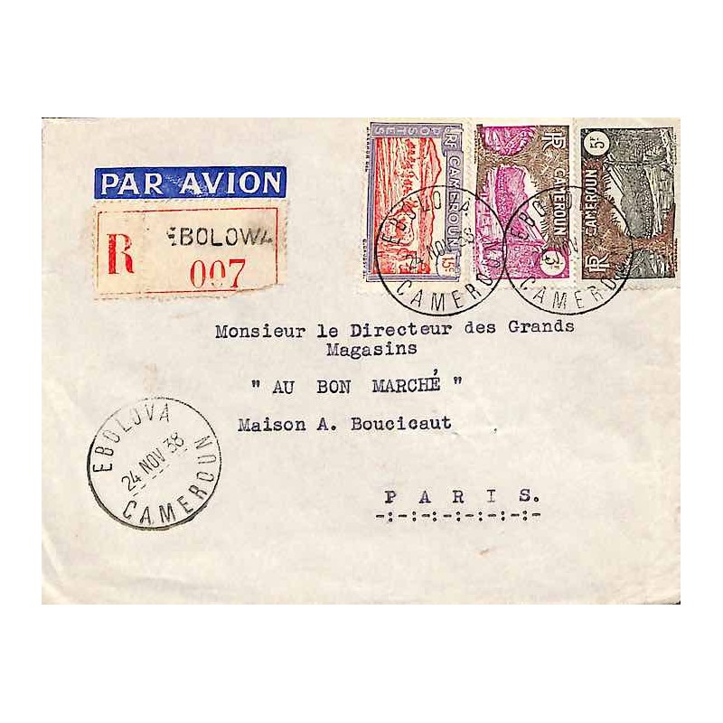 1938 Lettre à 8,15 F pour 2 ème échelon par avion EBOLOVA CAMEROUN