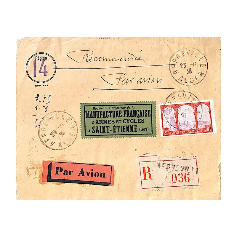 1936 Lettre recommandée avion timbre à 5 F seul