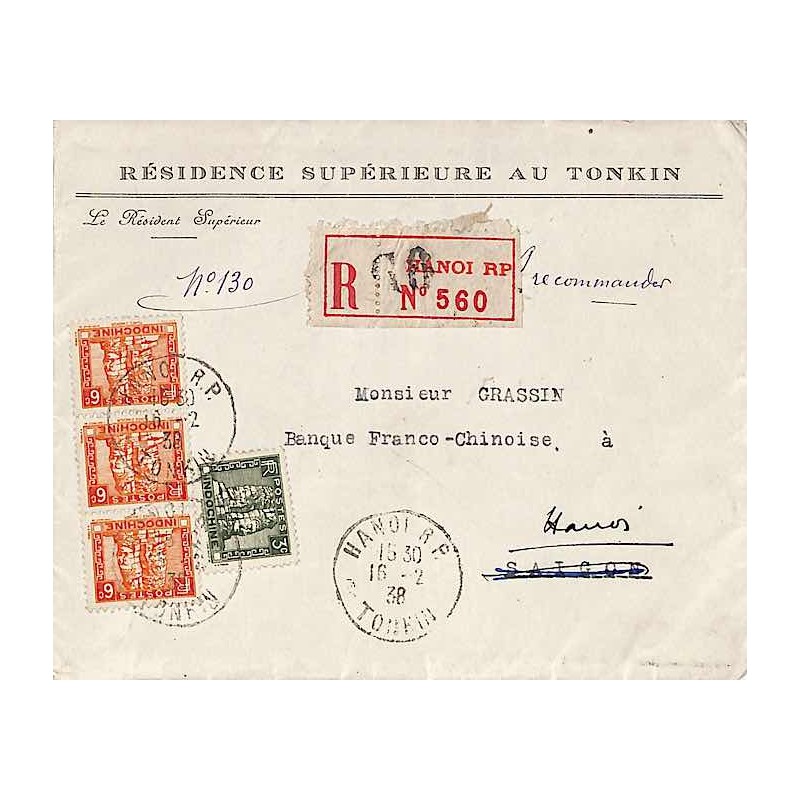 1938 Lettre 21 cents recommandée locale HANOI R.P. TONKIN