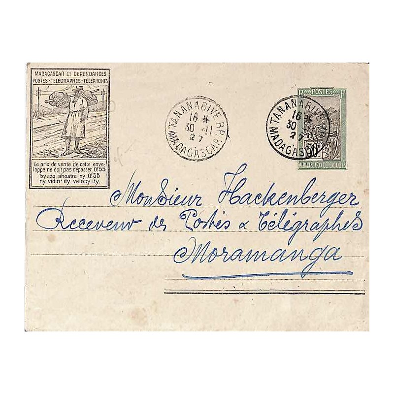 1927 Entier Enveloppe 50 c TANANARIVE R.P. MADAGASCAR