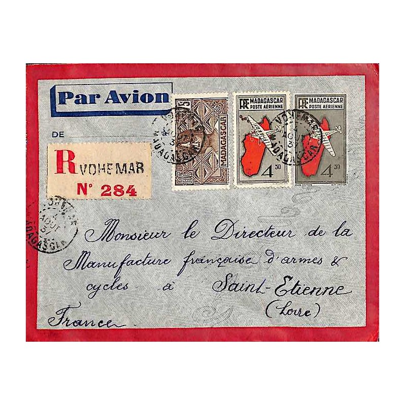 1937 Entier Enveloppe poste aérienne à 9 f 75 de VOHEMAR MADAGASCAR