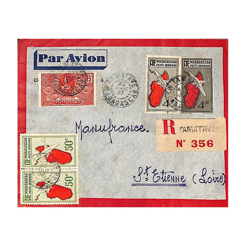 1937 Entier Enveloppe à 10 f 15 de TAMATAVE MADAGASCAR