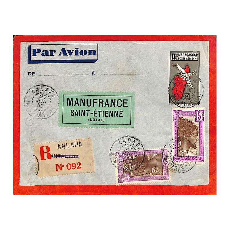 1937 Entier Enveloppe poste aérienne 8 f 65 de TANANARIVE MADAGASCAR (léger défaut)
