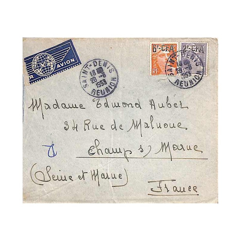 1953 lettre avec Marianne de Gandon 6 F et 2 F  SAINT-DENIS REUNION