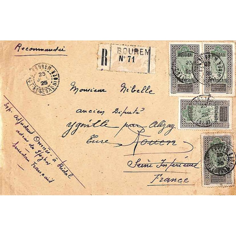 1925 Lettre à 1 F recommandée  BOUREM HAUT-SENEGAL NIGER