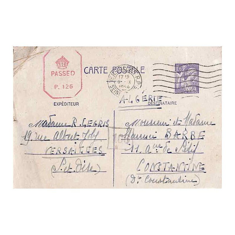 1944 oct Entier carte postale Iris 1 f 20 de Versailles pour Constantine