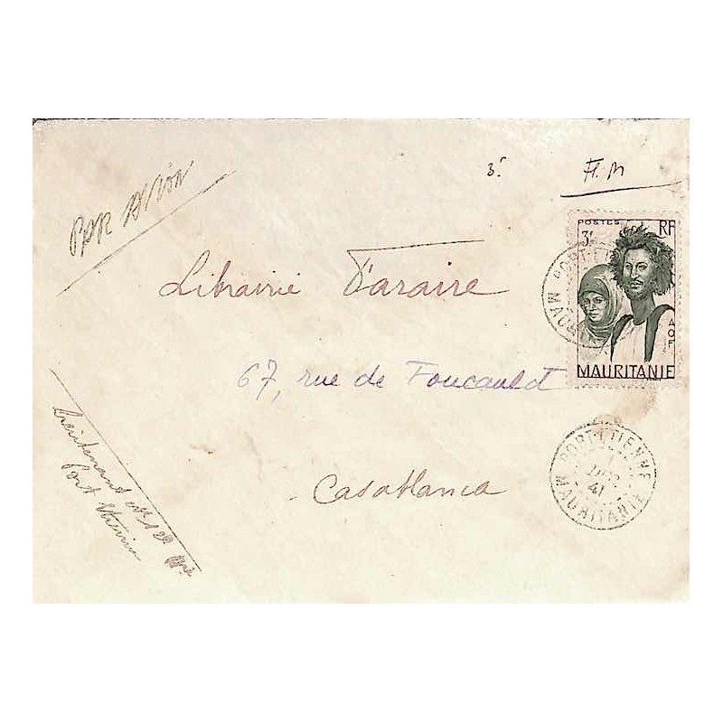 1941 Lettre FM avion pour le Maroc à 3 f. PORT ETIENNE  MAURITANIE