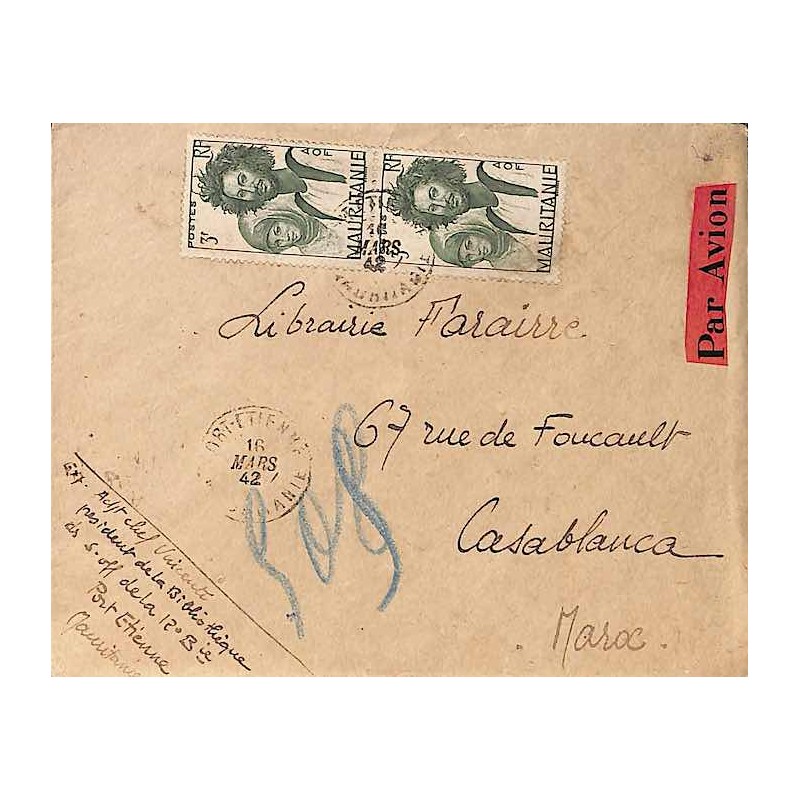 1942 Lettre 6 f. avion FM pour le Maroc  PORT ETIENNE MAURITANIE